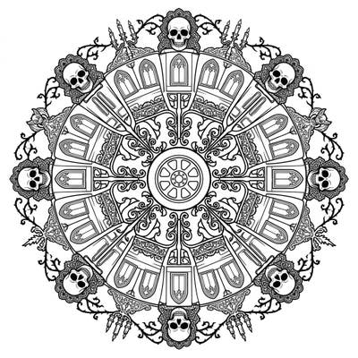 Embark on a thrilling artistic ride with this Gothic Party Bus Mandala. Its intricate design features Victorian elegance, dark motifs, and a symmetrical layout for a captivating coloring experience.