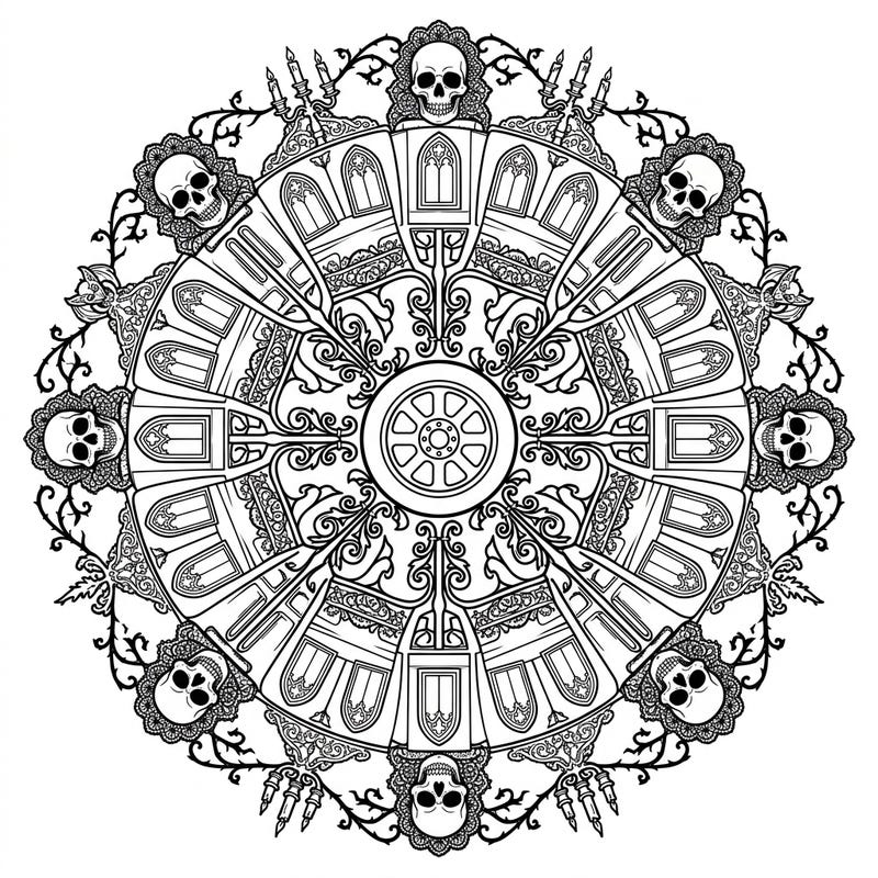 Embark on a thrilling artistic ride with this Gothic Party Bus Mandala. Its intricate design features Victorian elegance, dark motifs, and a symmetrical layout for a captivating coloring experience.