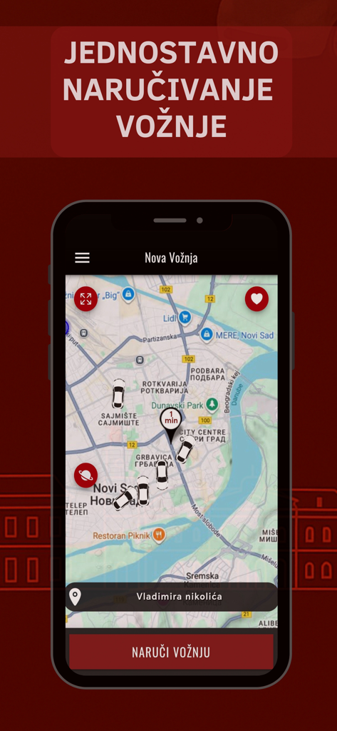 City Taxi NS - City Taxi NSアプリの地図インターフェース。ノヴィサドの利用可能なタクシーの場所が表示されています。