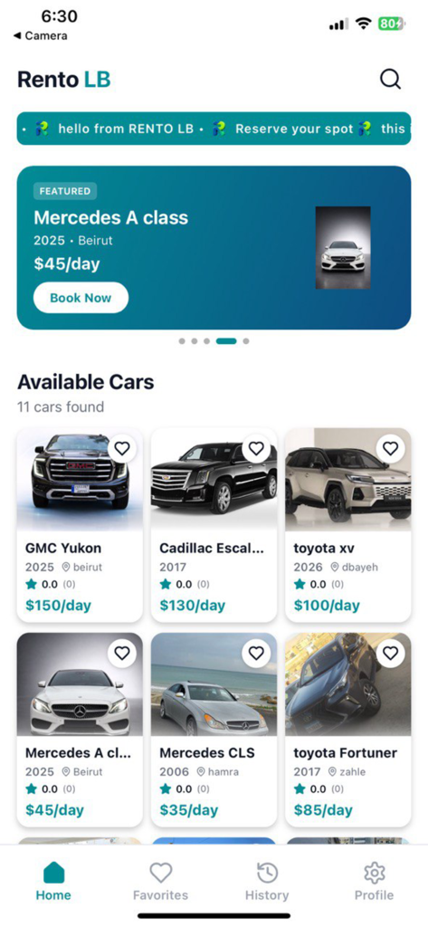 Rento LBモバイルアプリのホーム画面。レバノンで利用可能な様々なレンタカー（メルセデスやGMCモデルなど）を日額料金とともに表示。