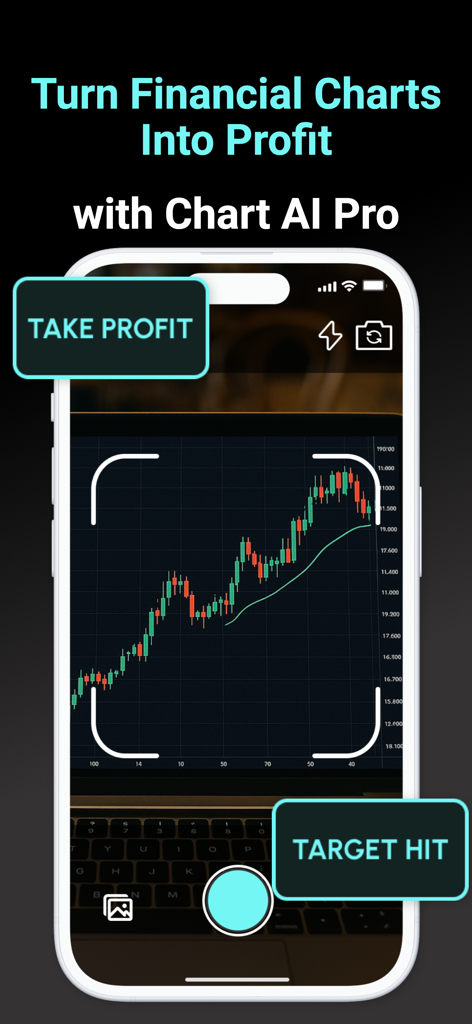 Chart AI Pro Trading Assistant - Interfaz de aplicación de smartphone analizando un gráfico de velas financieras con IA para señales de trading