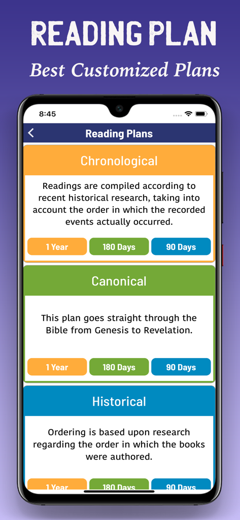 Biblia de Jerusalén Católica - Catholic Jerusalem Bible app reading plans screen showing chronological and canonical options