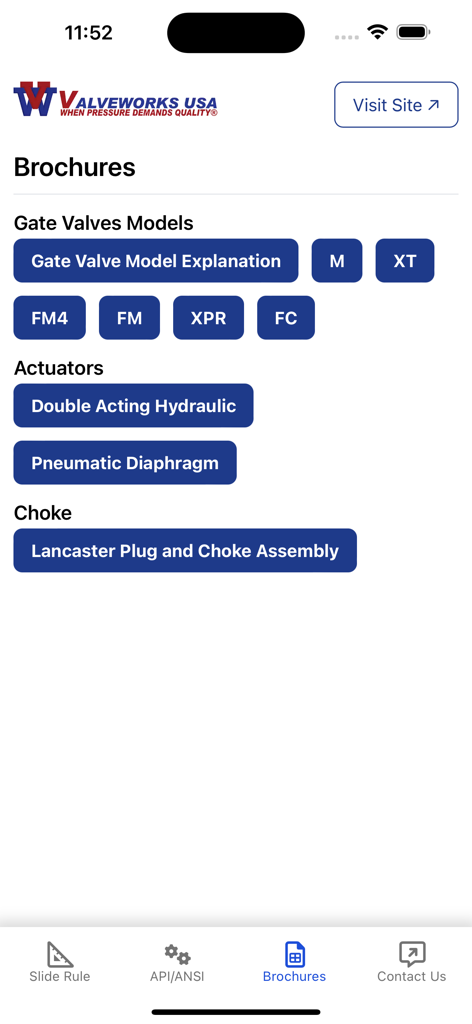 The brochures screen within the Virtual Flange Slide Rule app displaying technical documents for gate valves and actuators