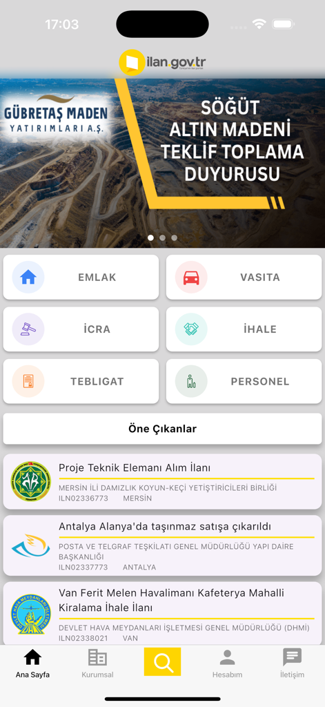 Resmi ilanlar - Resmi Ilanlar mobile app home screen showing categories for real estate, tenders, and official government notices.
