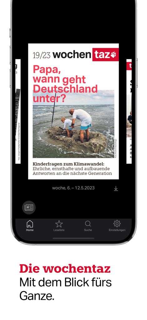 taz, die tageszeitung - Schermata dello smartphone che mostra l'edizione settimanale wochentaz dell'app taz die tageszeitung