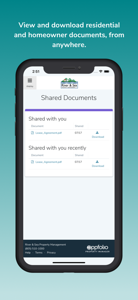 Online Portal by AppFolio - A mobile screenshot of the Online Portal by AppFolio app showing the shared documents section with a downloadable lease agreement.