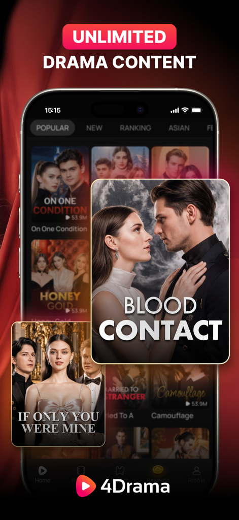 4Drama - Reel Drama Shorts - Interfaz de la aplicación móvil 4Drama que muestra episodios de drama vertical cortos de moda.