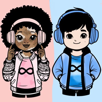 an afroamerican girl with headphones and a boy with headphones, they have an ♾️ symbol on their shirt