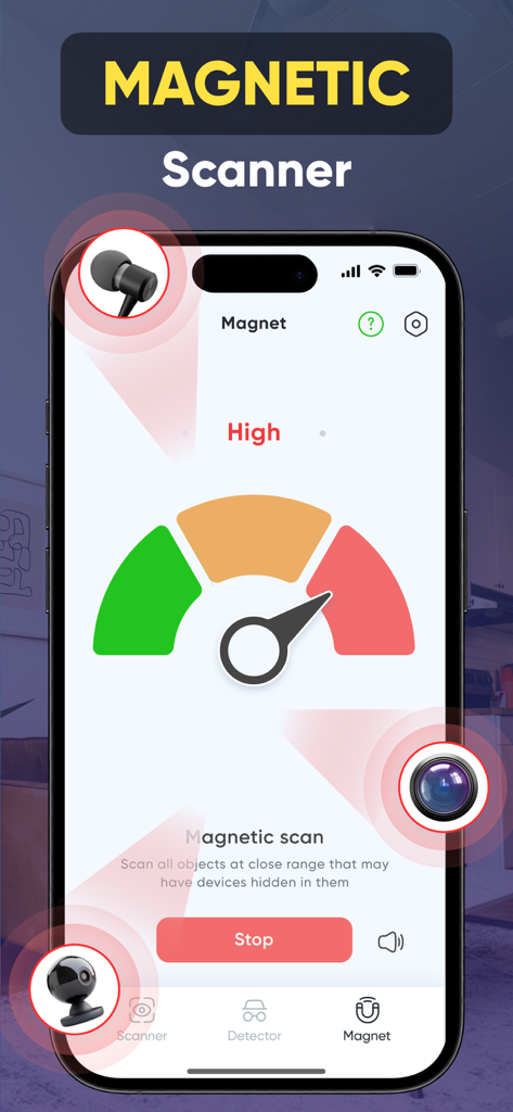 The magnetic scanner interface of the SpyGuard app displaying a gauge with a high detection level for hidden electronic devices