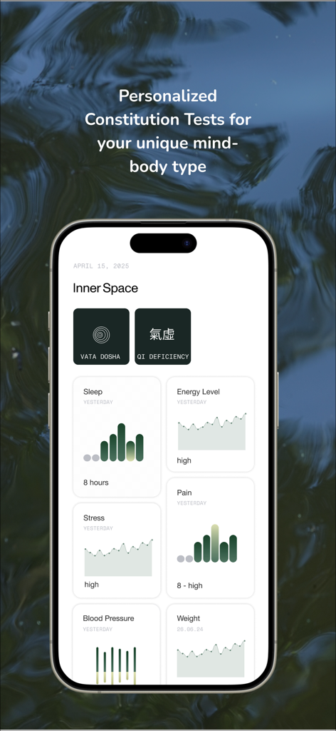 NIU Nature - NIU Nature app interface showing personalized Ayurveda and TCM constitution test results and a wellness journal with health tracking charts