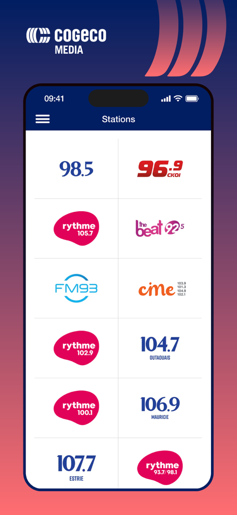 Cogeco Media app interface showing a list of available radio stations including Rythme and The Beat