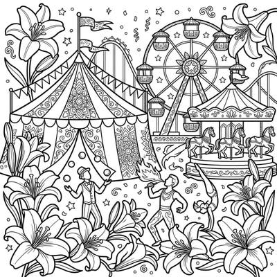Step right up to a whimsical blend of spring beauty and carnival excitement! This enchanting coloring page features elegant Easter lilies intertwined with a lively fairground full of classic attractions and joyful performers.