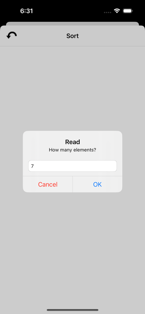 A screenshot of the iPseudoCode app showing an input dialog box asking how many elements to sort.