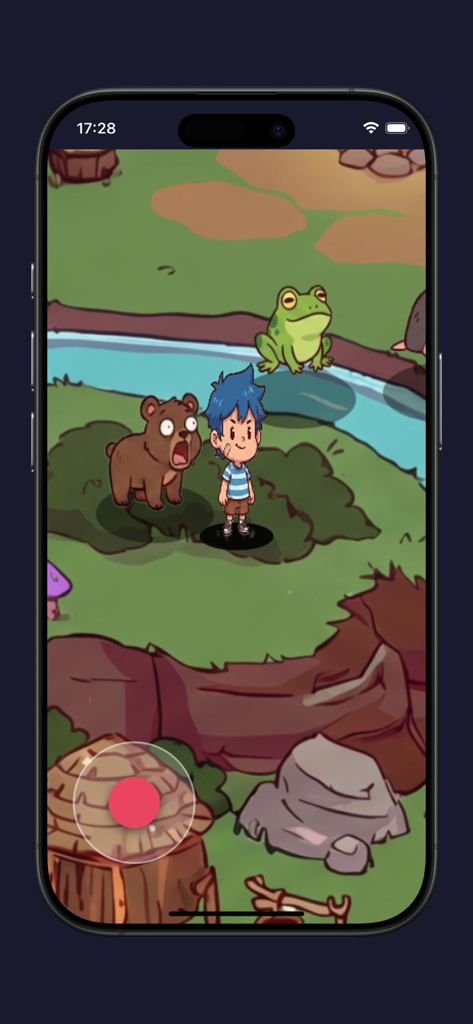 A character exploring a hand-painted forest with a bear and a frog in the My Voice Zoo app