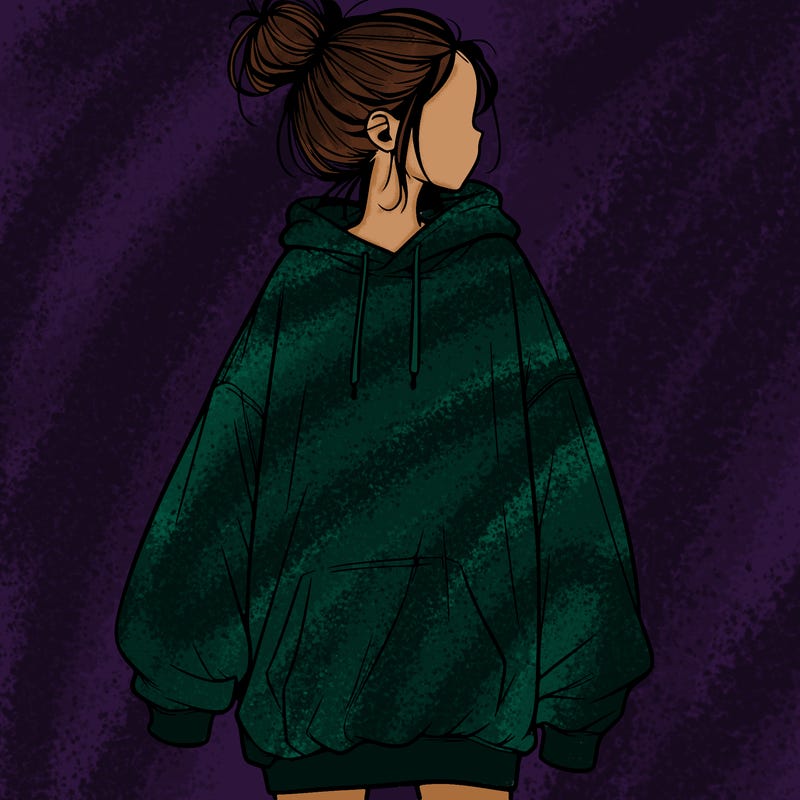 realistic girl with a oversized sweatshirt on and a bun