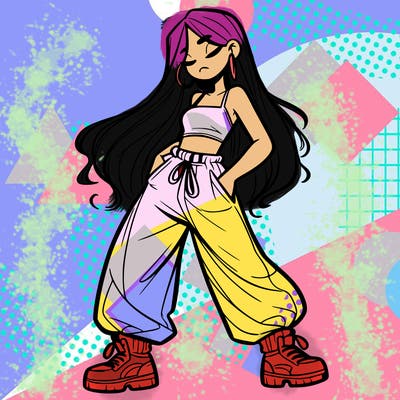 girl in baggy pants crop top and long hair