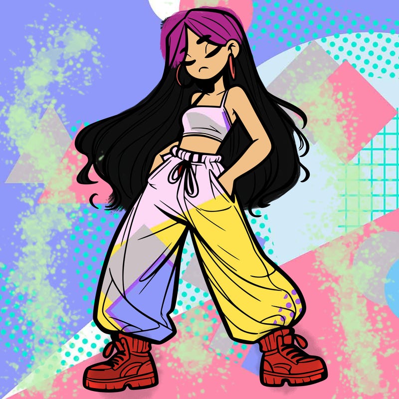 girl in baggy pants crop top and long hair