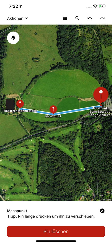 Feuerwehr Wasserförderung - Satellitenkarte, die eine geplante Wasserförderroute der Feuerwehr mit Markierungspunkten zeigt