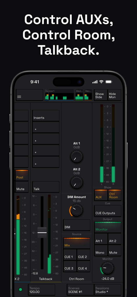 Console Remote Control - Professional audio mixing interface on an iPhone displaying talkback and aux control settings