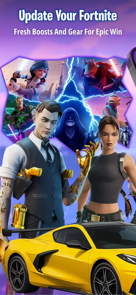 FZone - Fortnite Game Stats - Pantalla promocional de la app FZone mostrando skins de personajes de Fortnite como Midas y Lara Croft con un coche amarillo