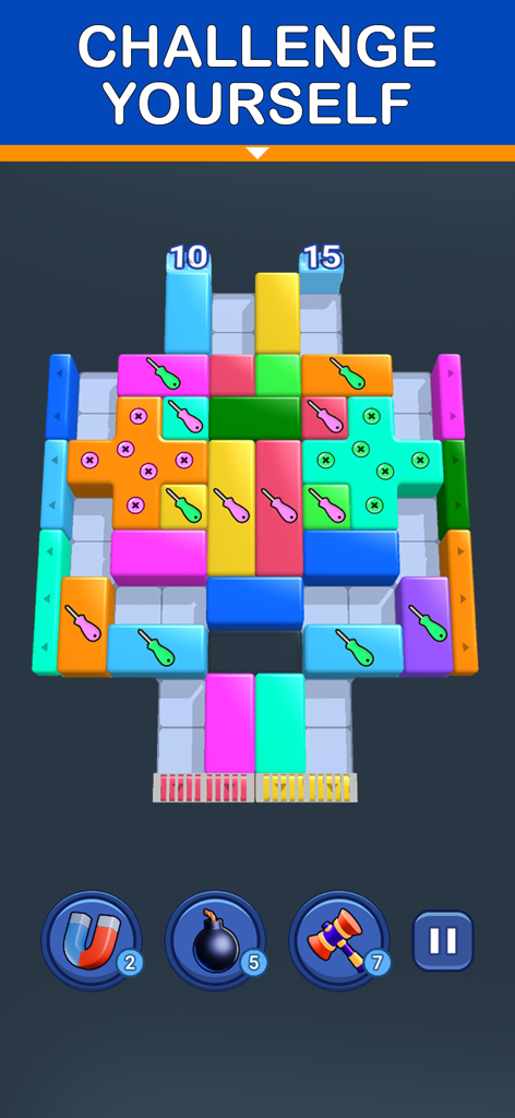 Shape Escape Block Puzzle gameplay showing colorful 3D blocks on a logic grid with power-up tools.