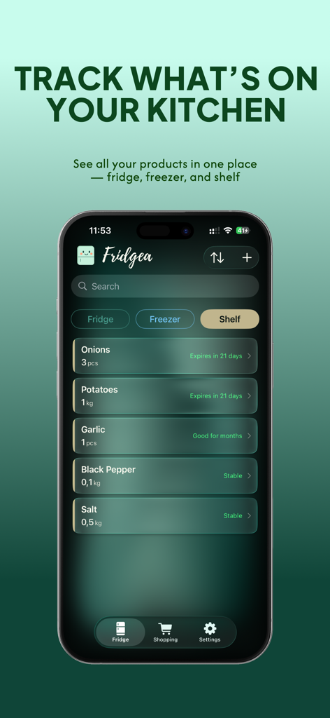 Fridgea - kitchen stock helper - Fridgea app interface showing a list of kitchen items with quantities and expiration tracking