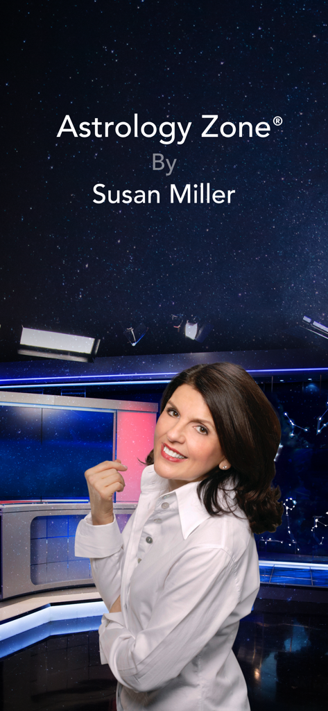 Susan Miller im Mittelpunkt der Astrology Zone Horoskop-App, mit einem Sternenhintergrund.