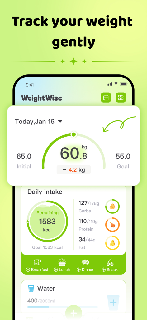 현재 체중 진행 상황과 일일 칼로리 추적 대시보드를 보여주는 WeightWise 앱 인터페이스