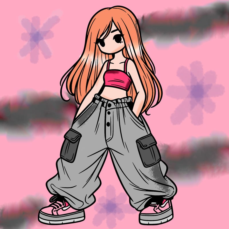 girl in baggy pants, crop top, and long hair