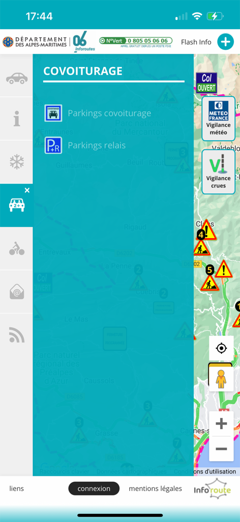 Inforoutes 06 - Inforoutes 06 app interface showing carpooling parking options and real-time traffic map