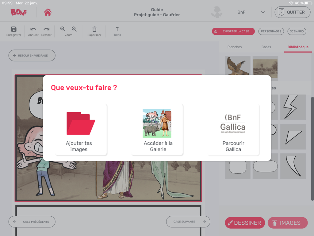 BDnF - the comics factory - Un menu pop-up dans l'application BDnF comics factory montrant les options pour ajouter des images personnelles, accéder à la galerie ou parcourir la bibliothèque numérique Gallica