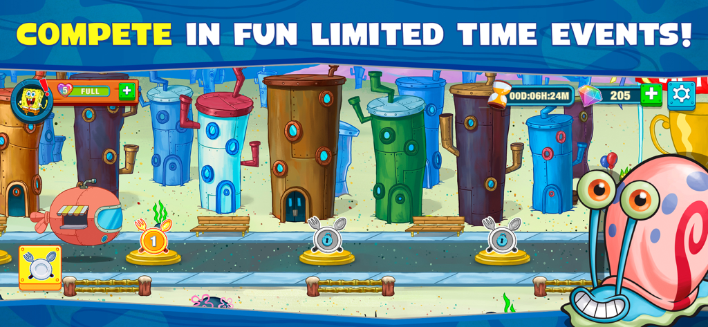 Jogabilidade de Bob Esponja Krusty Cook Off mostrando o mapa de progressão de evento de tempo limitado com Gary o Caracol