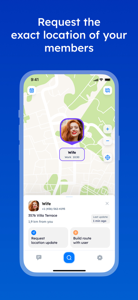 A smartphone screen showing the Phone Locator 360 app map with a family member location and a button to request a live update.