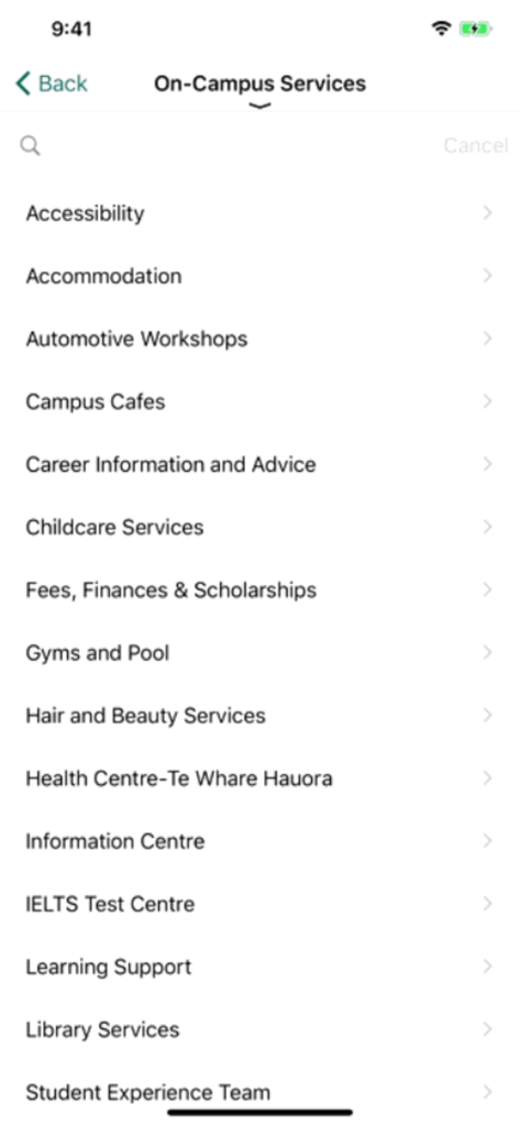ToiOhomaiHub - A menu screen in the ToiOhomaiHub mobile app listing various on campus services such as accessibility accommodation and student support