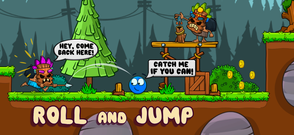 Ball tales - The Holy Treasure - A blue ball character jumping through a jungle level while being chased by tribal warriors in Ball Tales.