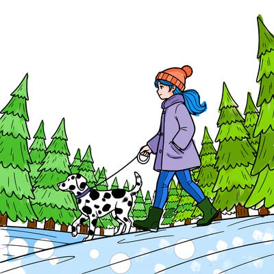 a dog and her owner a girl go for a walk in a christmas tree farm