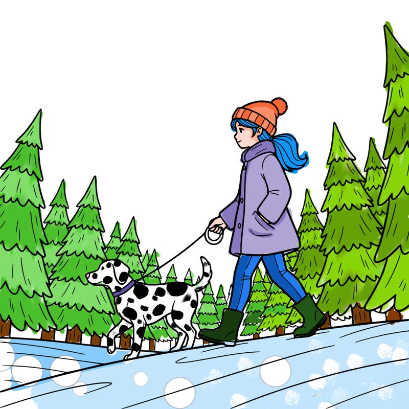 a dog and her owner a girl go for a walk in a christmas tree farm