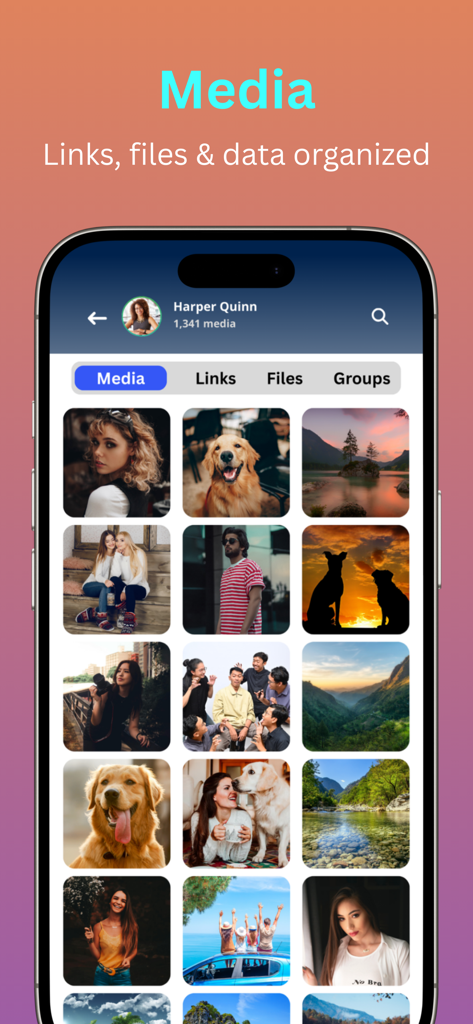New Connect+ - A mobile app screenshot showing an organized media gallery with a grid of photos and categories for links and files