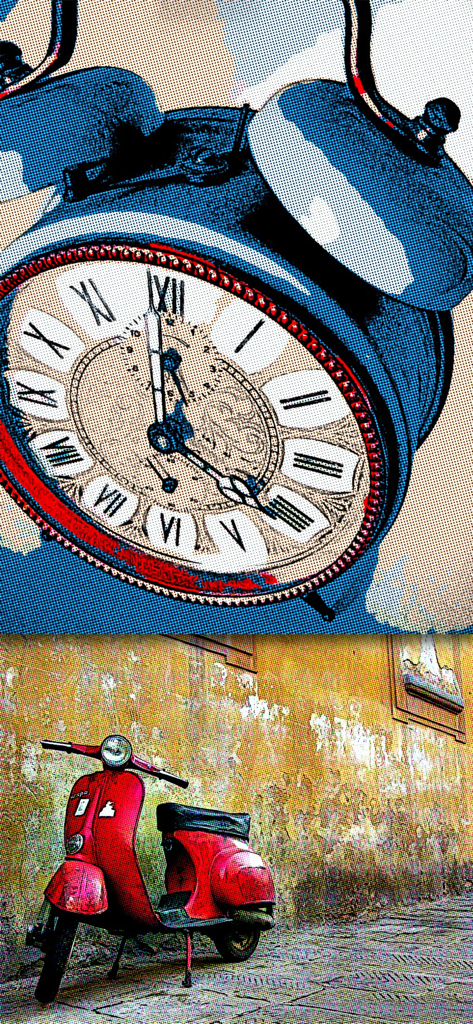 Pop Dot Comics - 目覚まし時計と赤いスクーターに適用されたコミックブックおよびポップアートスタイルの写真フィルターの例。