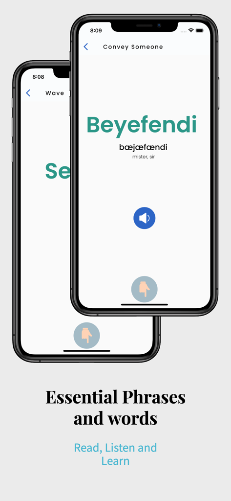 Interface de l'application Learn Turkish Language Easily montrant les phrases et mots essentiels avec prononciation audio.