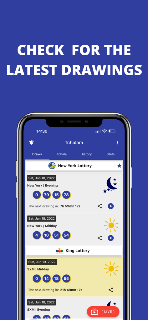 Tchalam - Tchalam mobile app interface displaying the latest New York and King Lottery drawing results.