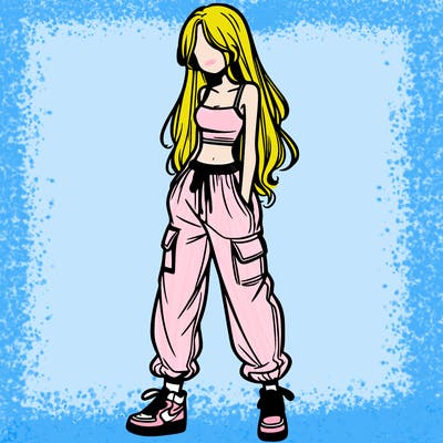 girl in baggy pants crop top and long hair