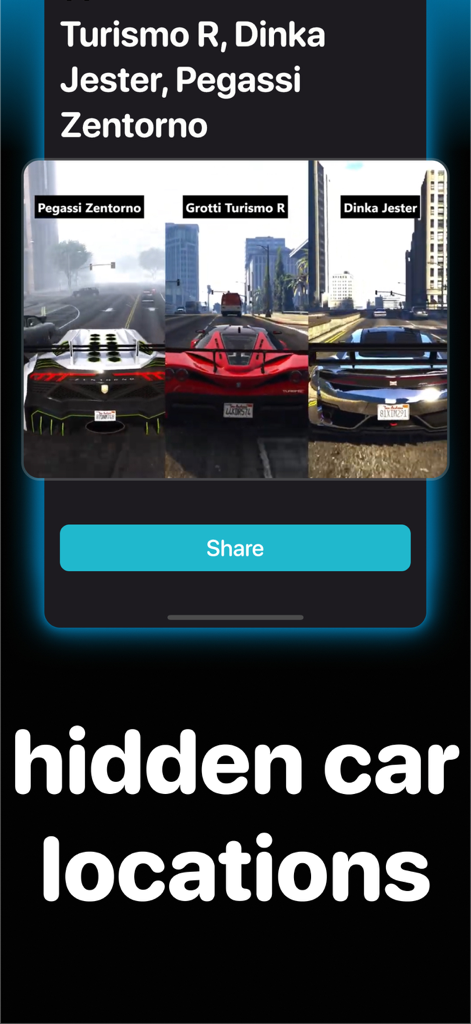 Cheat Codes for GTA Cheats Pro - Mobile app interface displaying hidden car locations for Turismo R and Pegassi Zentorno in GTA
