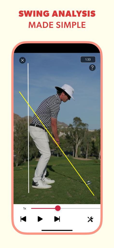 Captura de tela do aplicativo V1 Golf mostrando análise de swing de vídeo com linhas de alinhamento amarelas e brancas