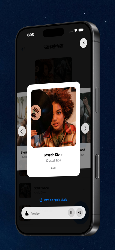sono AI - Una interfaz móvil para la aplicación sono AI que muestra una tarjeta de previsualización de canción con opciones para escuchar en Apple Music.
