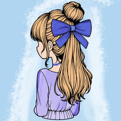 realistic girl  with hip length hair a bun and a big bow on the back of head