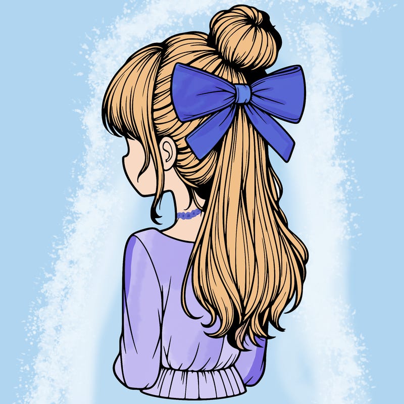 realistic girl  with hip length hair a bun and a big bow on the back of head