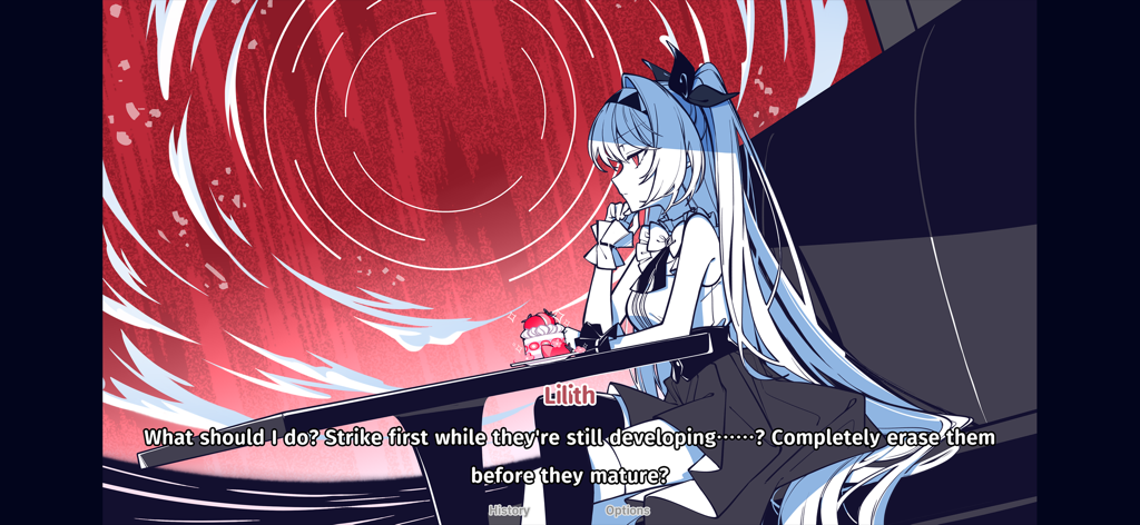 The NOexistenceN of you AND me - 心理ホラービジュアルノベルで、リリスが渦巻く赤い背景を背にイチゴケーキと共に座っている。