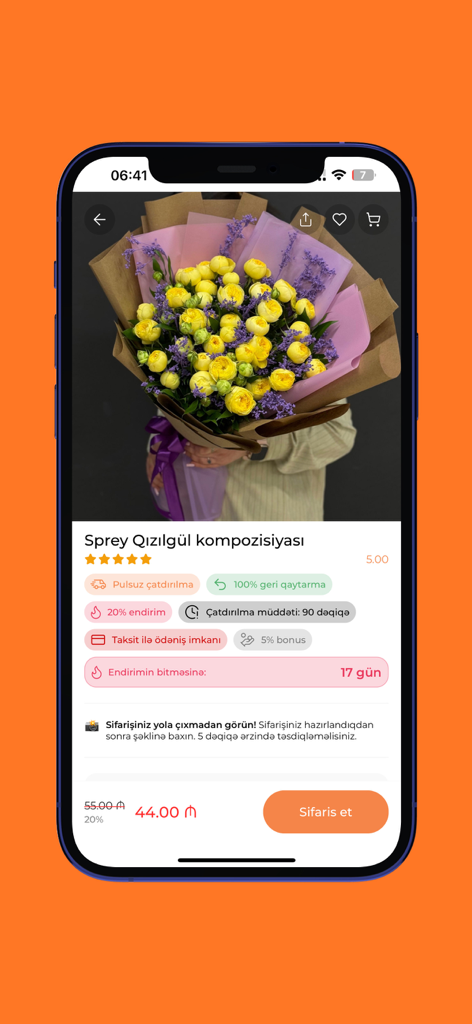 Pacco - Flowers & more - Product page for a yellow spray rose bouquet on the Pacco flower delivery app