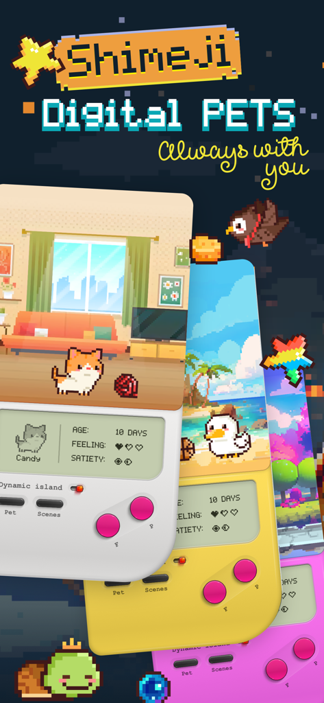 Pixel Shimeji: My Digital Pet - Pixel Shimeji app interface showing pixel art digital pets inside colorful retro handheld game consoles